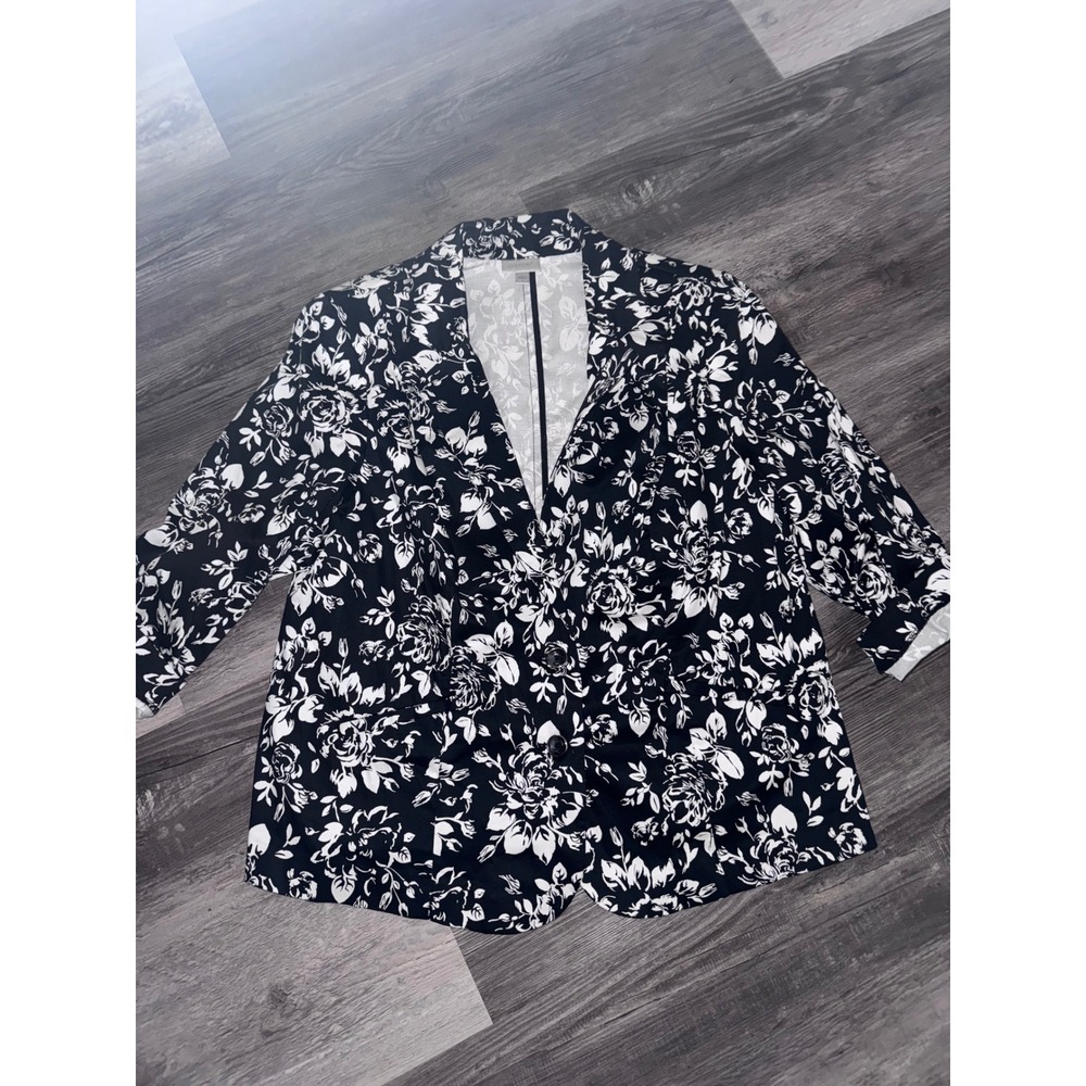 Avenue Womens Black White Floral Blazer Jacket Two Button Stretch Size 14